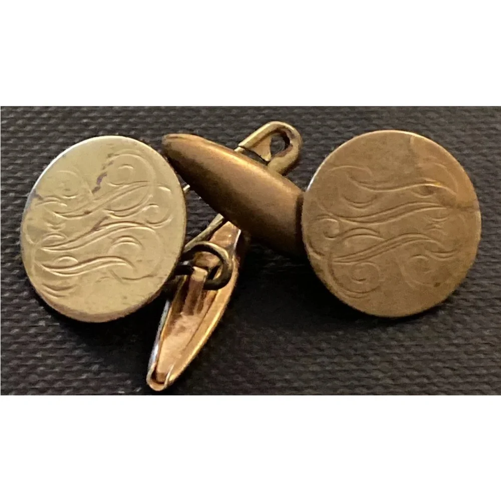 Vintage Art Deco Engraved Cufflinks Bronze Plate Gold Color Estate